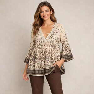Doe & Rae Beige Medallion Print 3/4 Sleeve Peasant Tunic Top Womens Large NWT